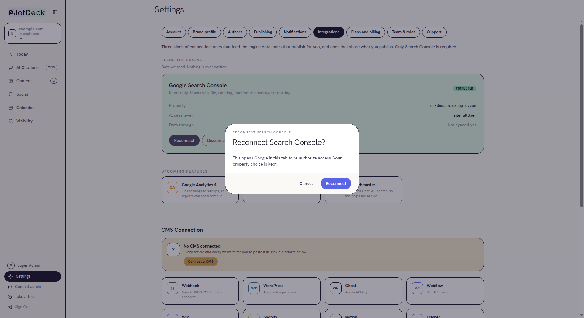Reconnect Search Console confirmation dialog