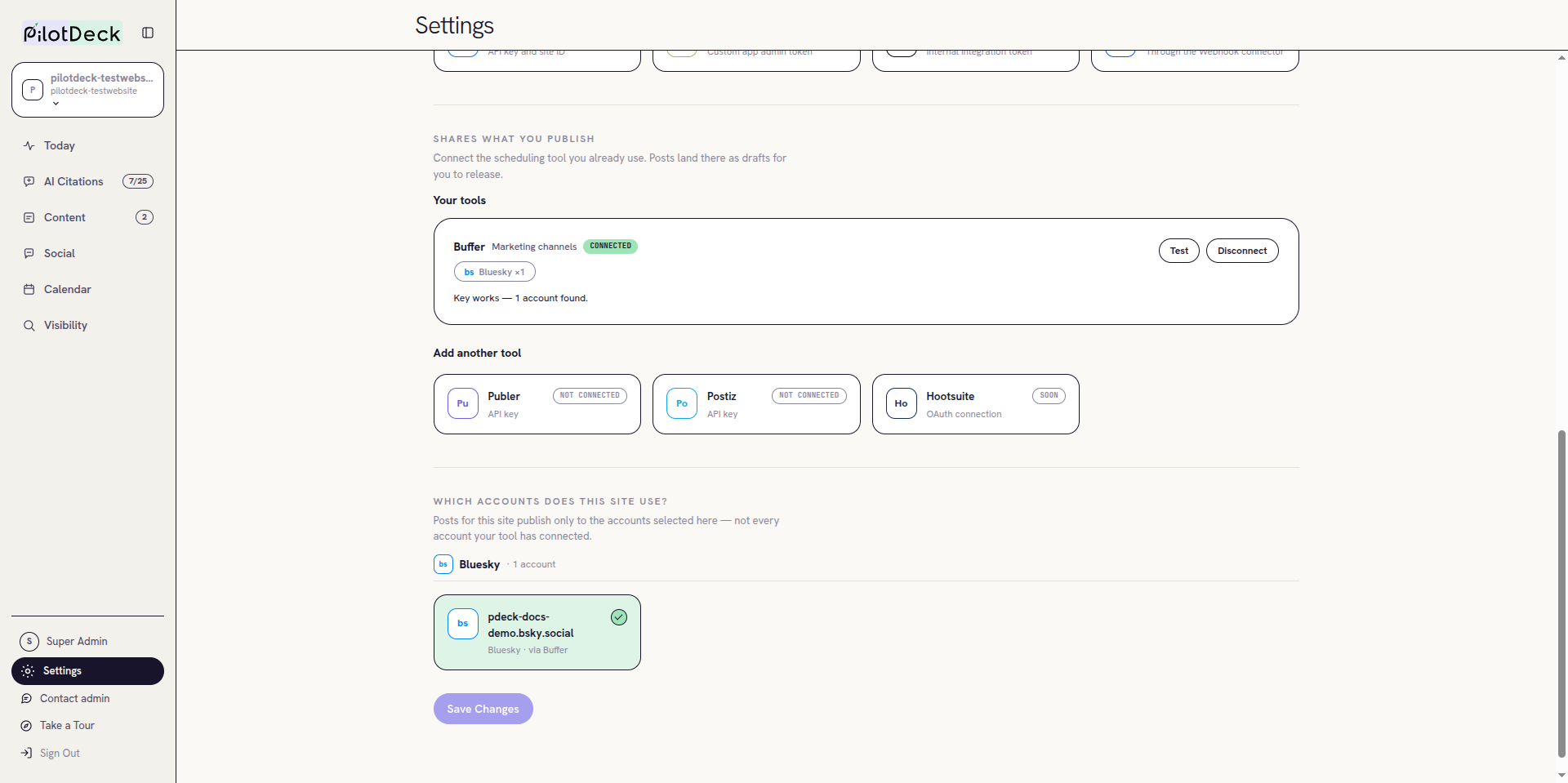 PilotDeck account list with one Bluesky account selected