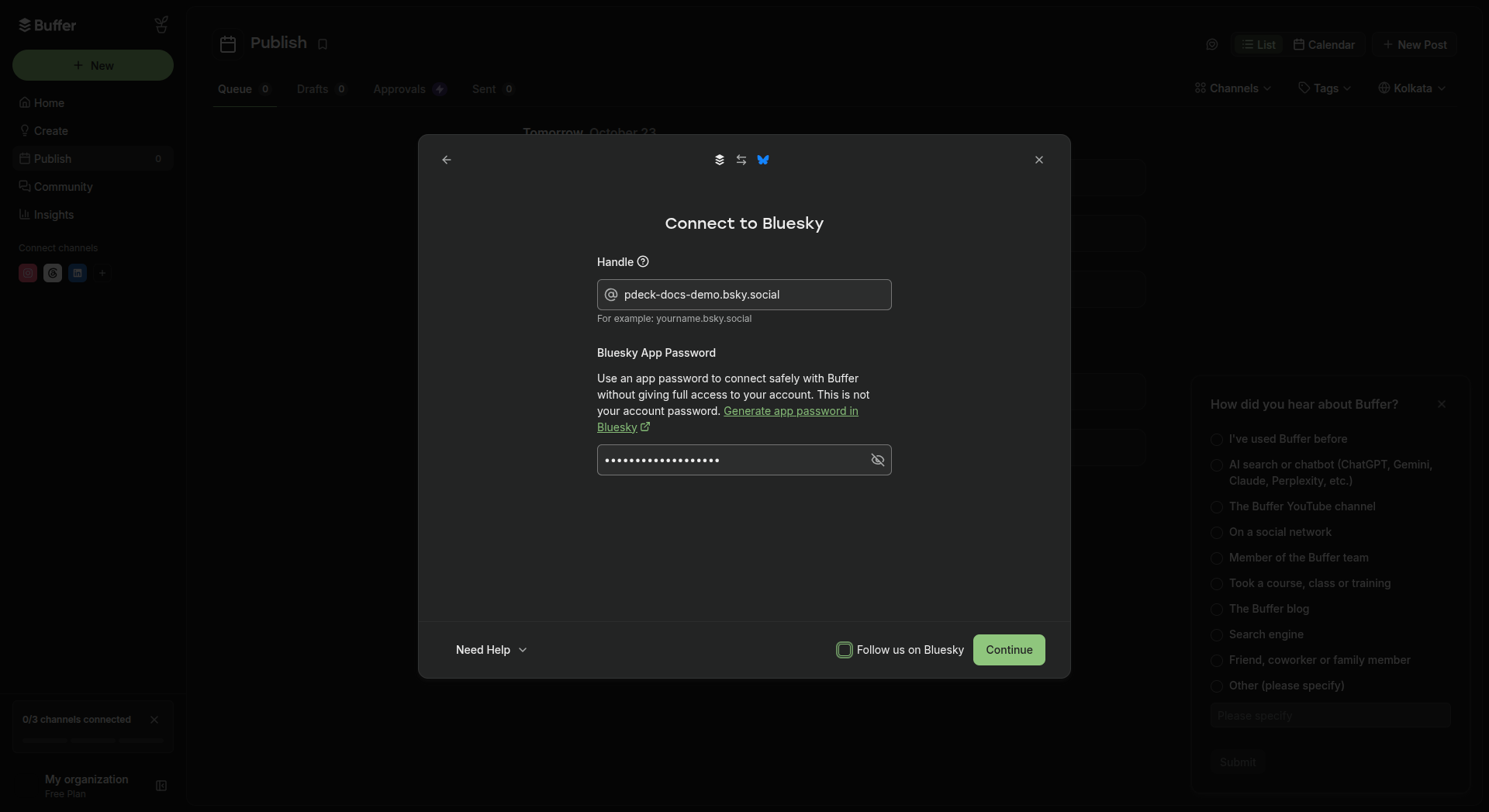 Buffer Connect to Bluesky dialog with handle and app password