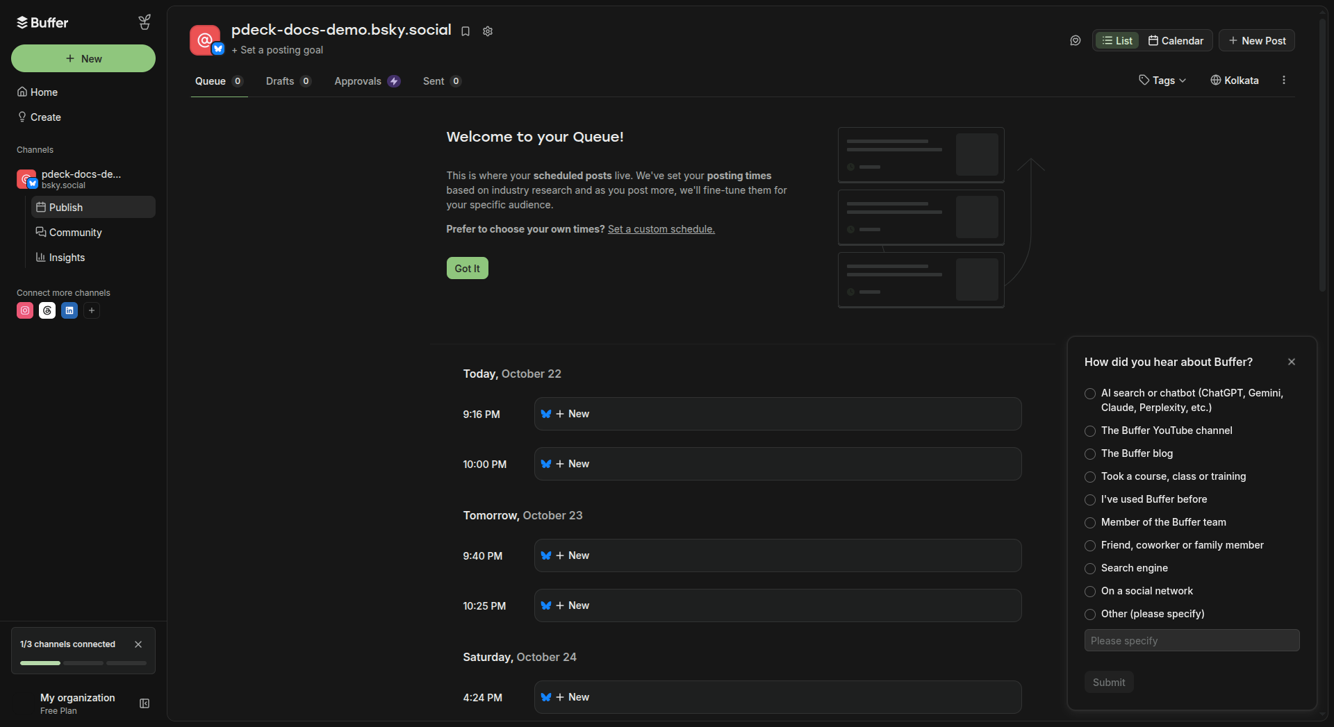 Buffer queue page for the newly connected Bluesky channel