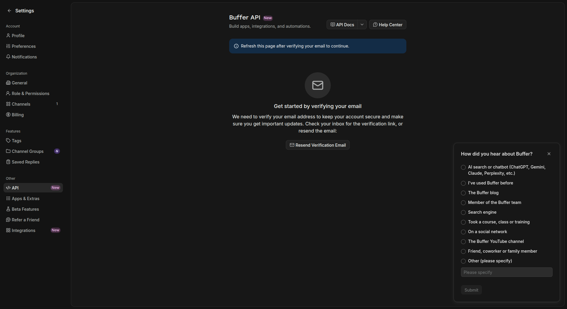 Buffer API page asking to verify the email address first