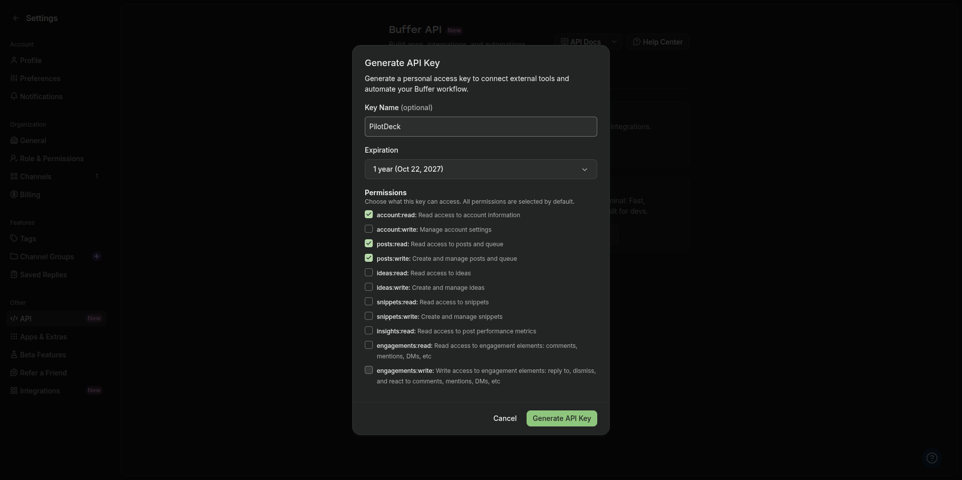 Buffer Generate API Key dialog with a name, expiry and three permissions ticked