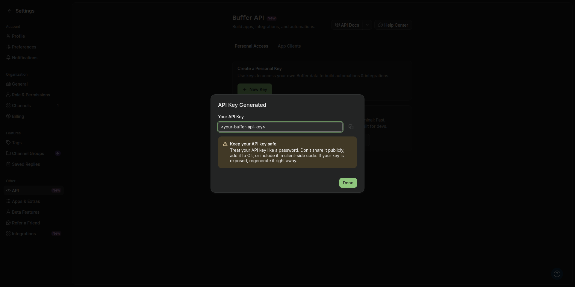 Buffer dialog showing the new API key to copy