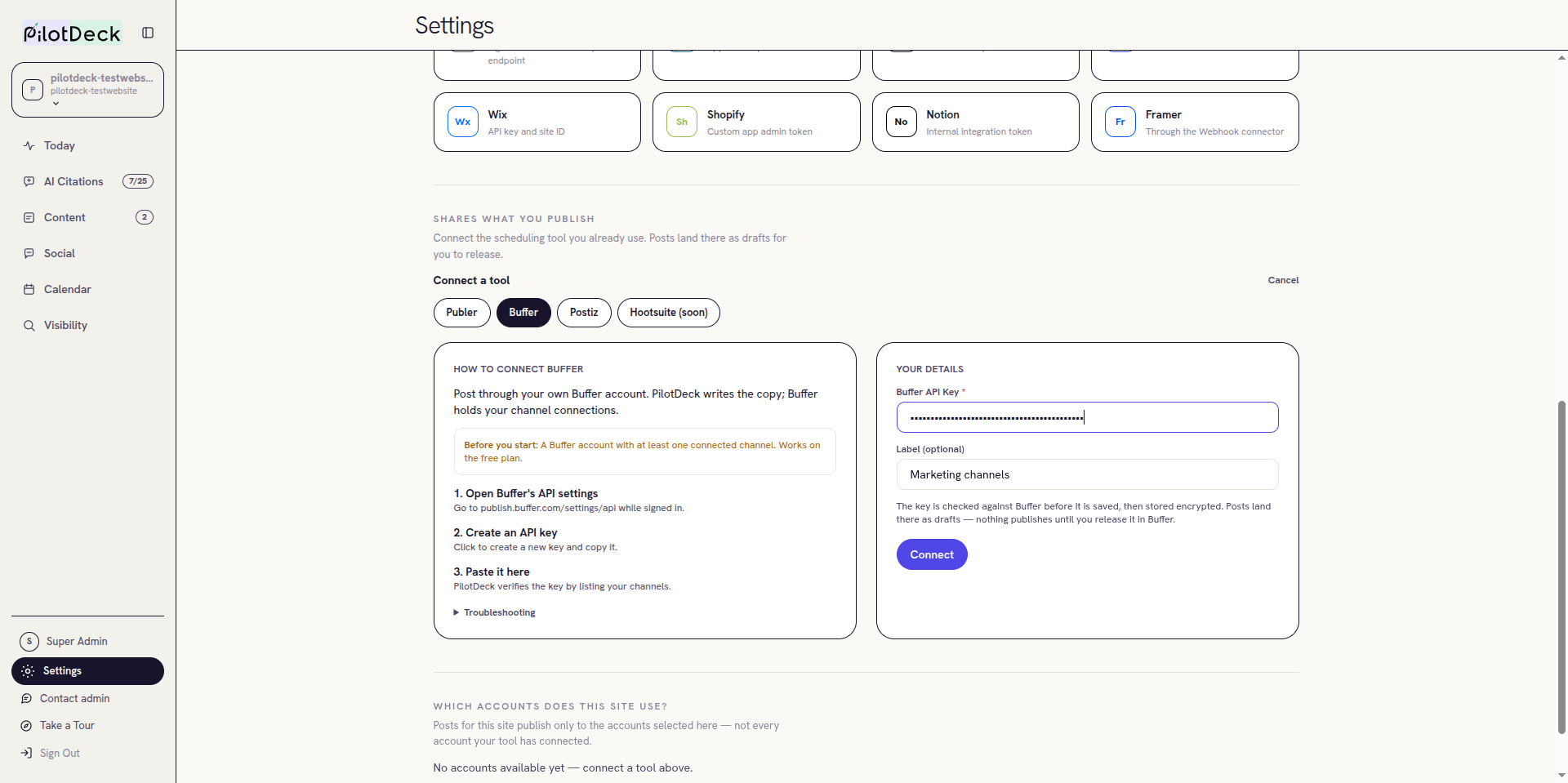 PilotDeck Buffer form with an API key and a label