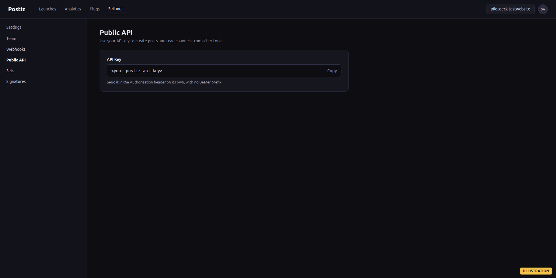 Illustration of the Postiz Settings, Public API page showing an API key with a copy button