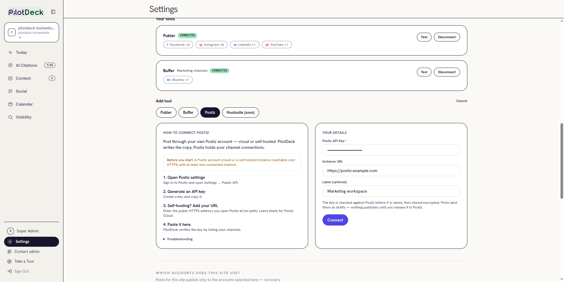 PilotDeck Postiz form with an API key, Instance URL and label