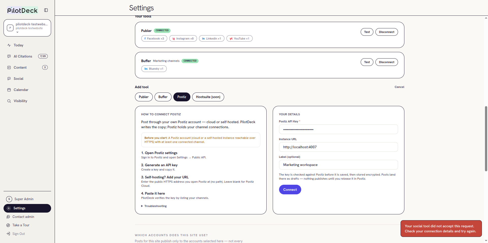 PilotDeck Postiz form with a localhost address and an error message