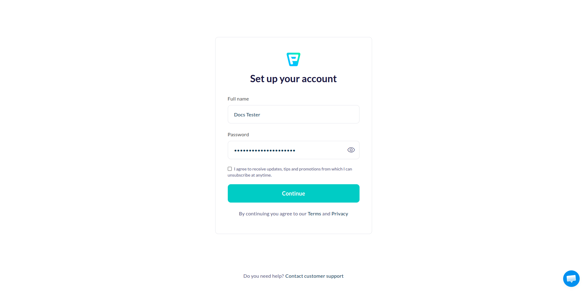 Publer Set up your account form with name and password