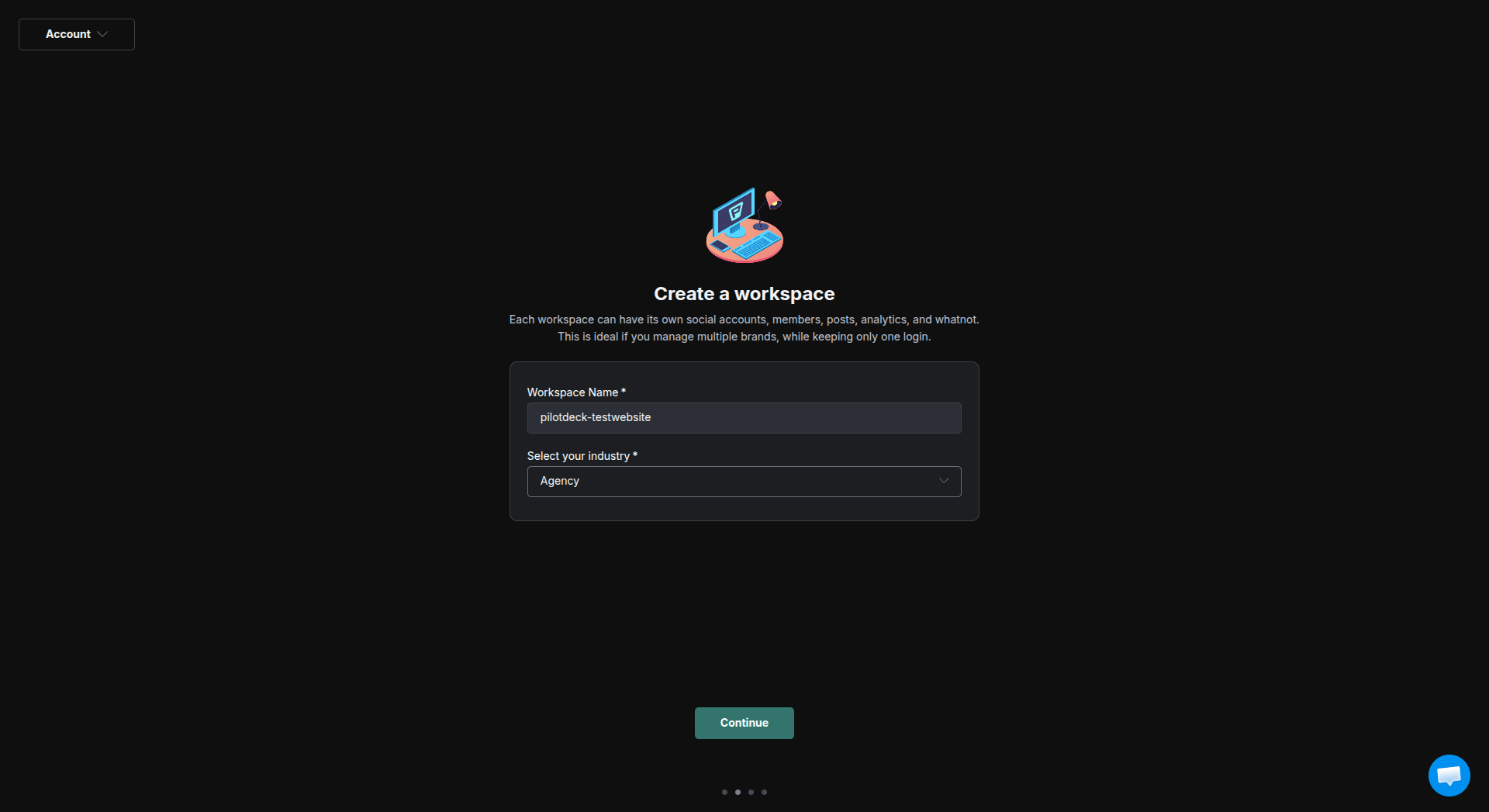 Publer Create a workspace form with a workspace name and industry