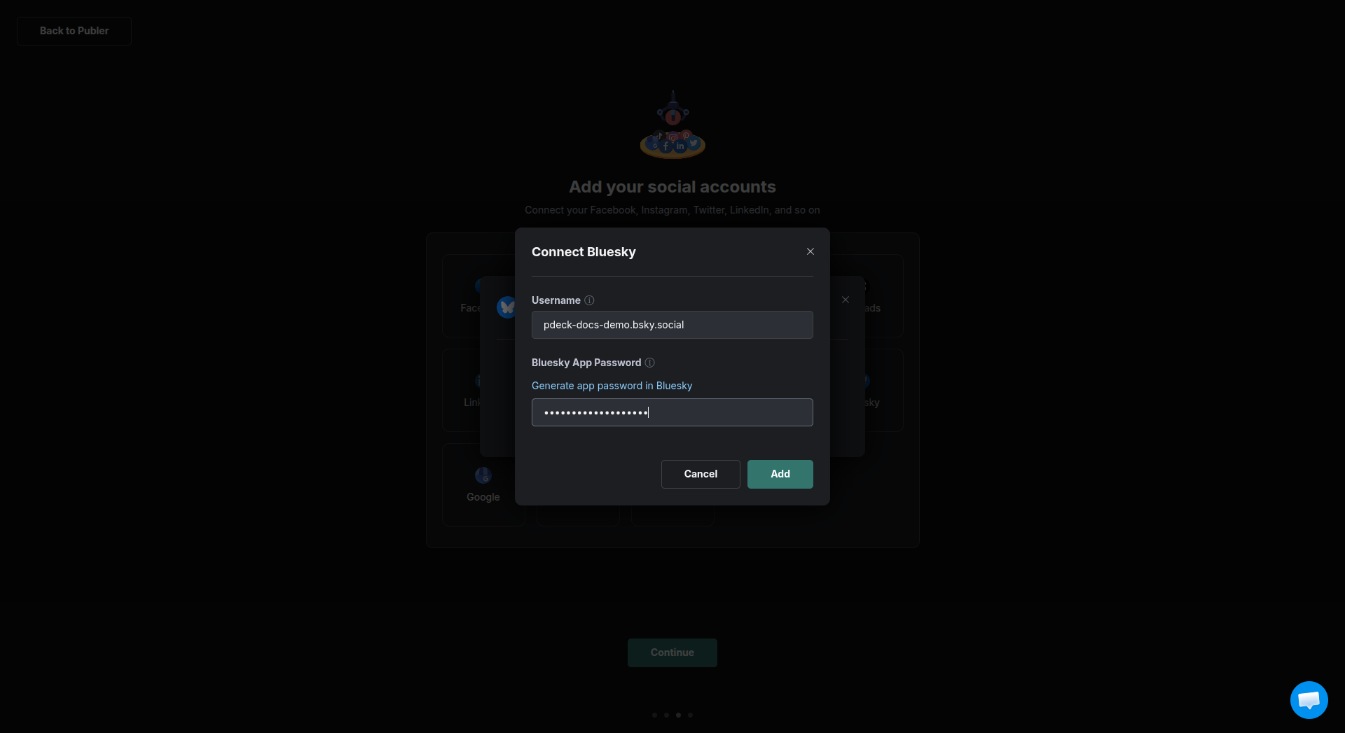 Publer Connect Bluesky dialog with username and app password fields