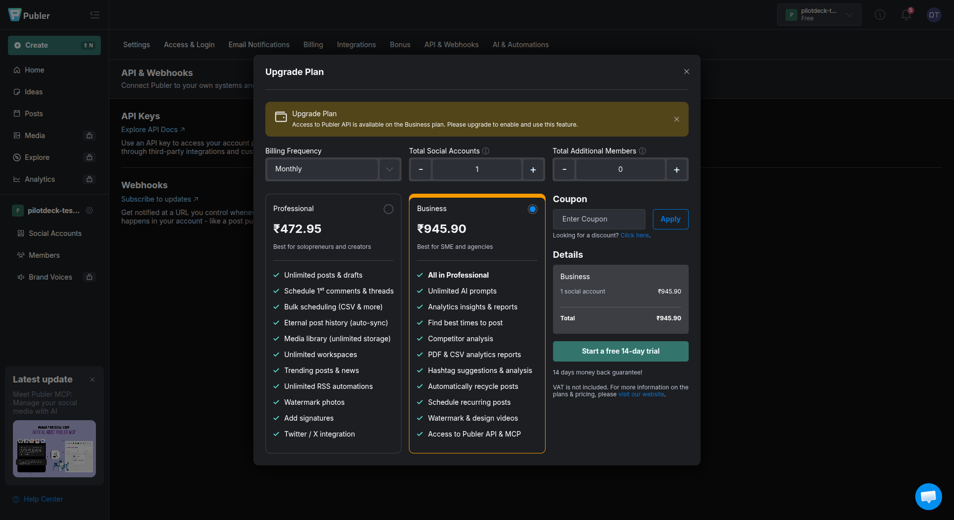 Publer upgrade dialog saying API access is available on the Business plan