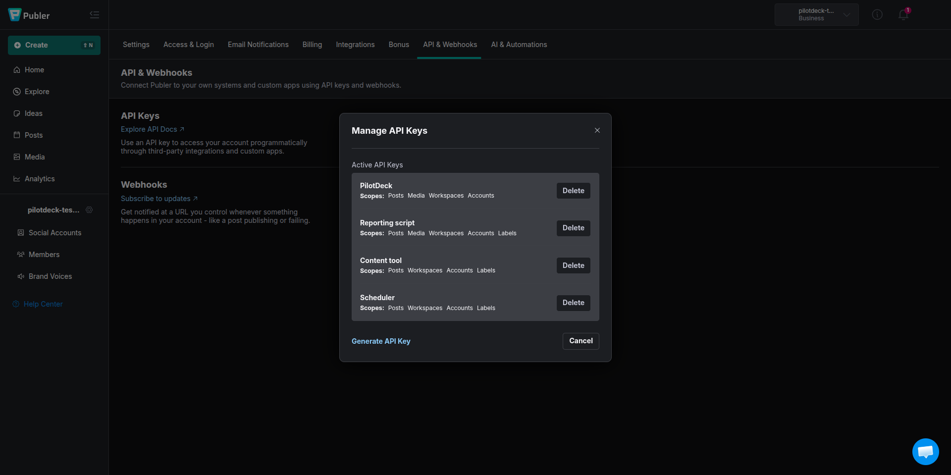 Publer Manage API Keys dialog listing existing keys and their scopes