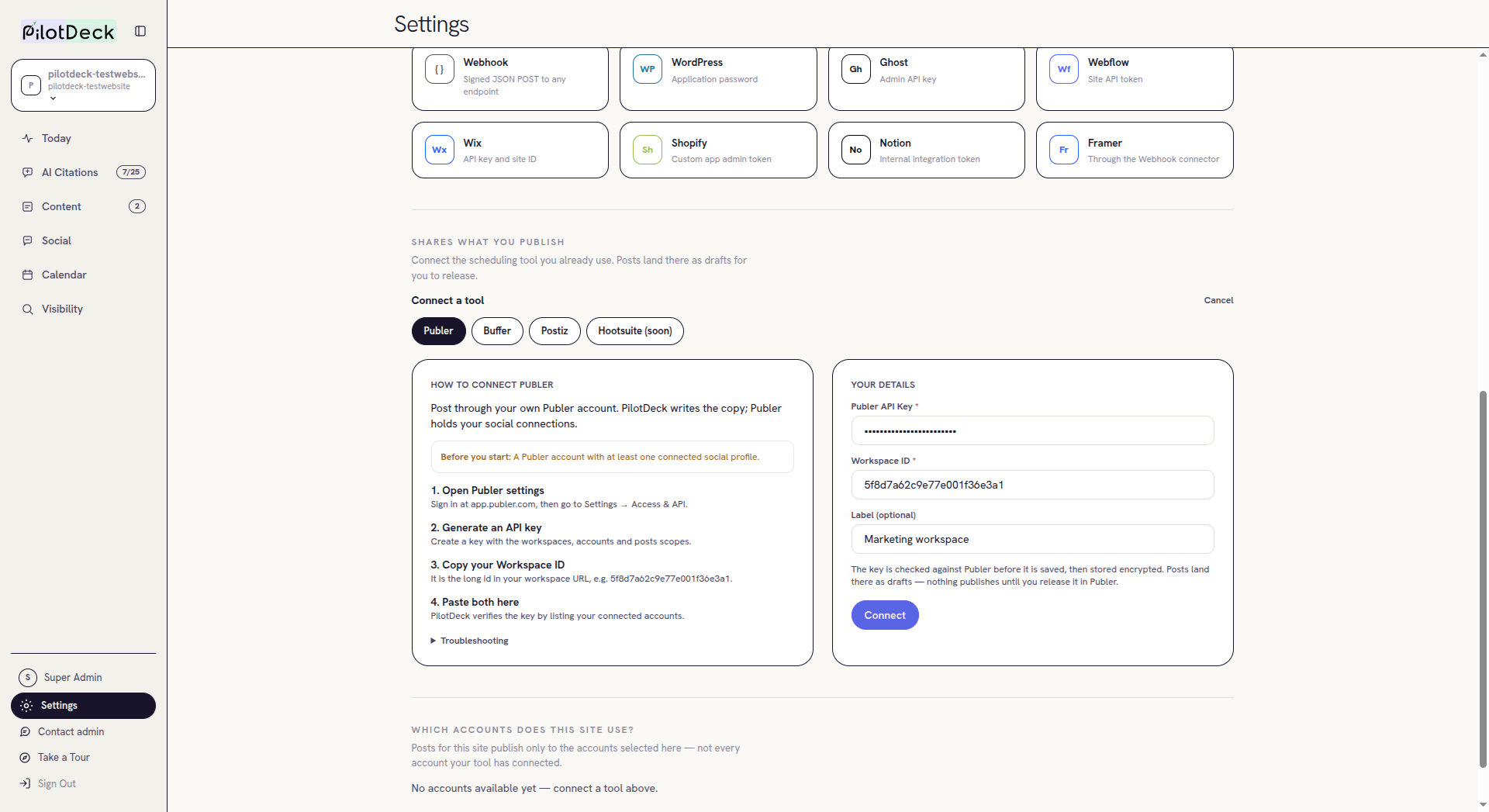 PilotDeck Publer form with API key, Workspace ID and label fields