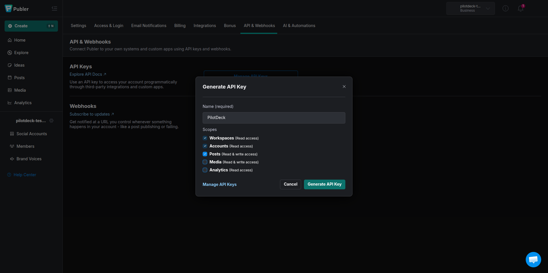 Publer Generate API Key dialog with a name and the Workspaces, Accounts and Posts scopes ticked