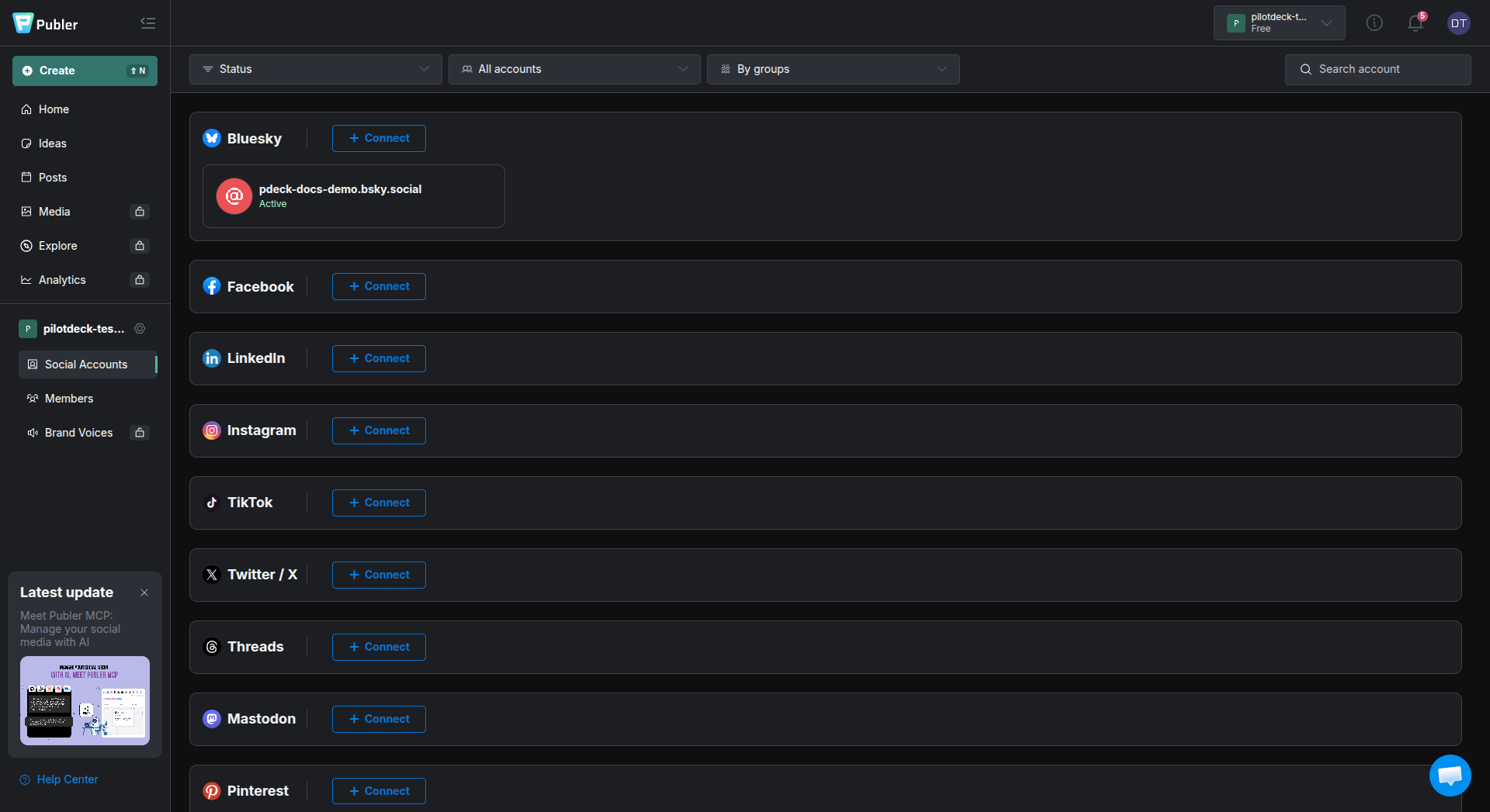Publer Social Accounts page listing an active Bluesky profile